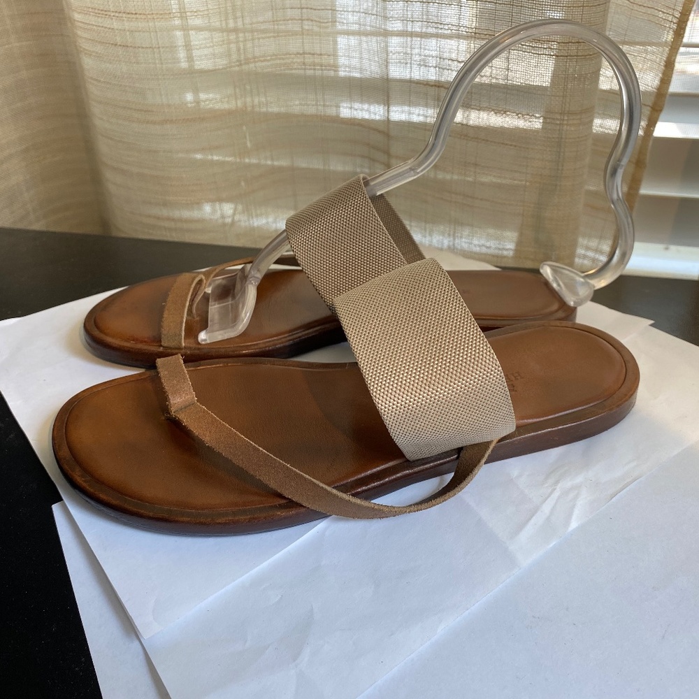 Hermes brown leather fabric thong sandals mules flats $1400 slip-on size 37-7 - Picture 5 of 8
